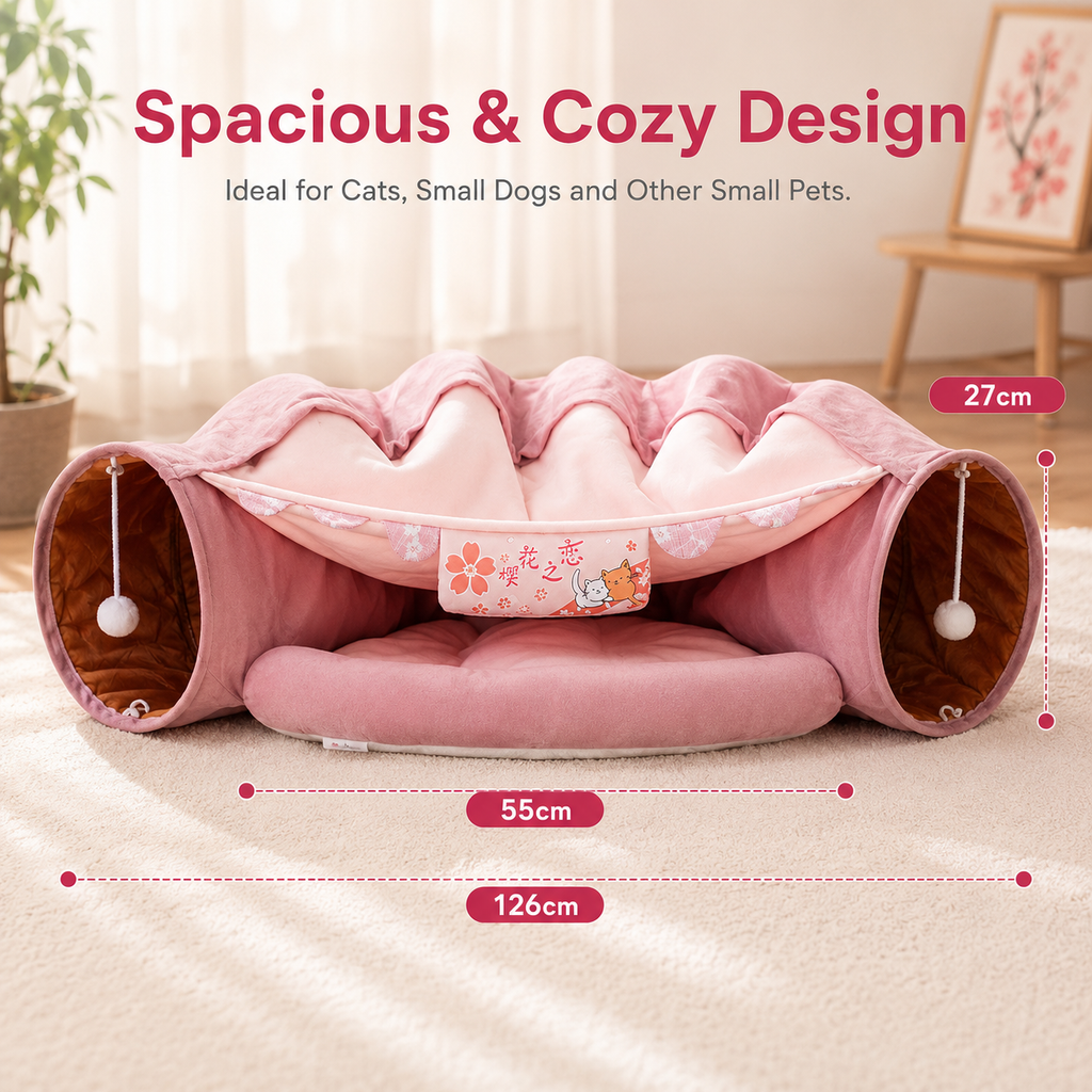 Cat Tunnel Bed for Indoor Cats – 2-in-1 Collapsible Cat Play Tunnel with Hanging Toy | Foldable Washable Cat Cave Hideaway for Kittens & Rabbits