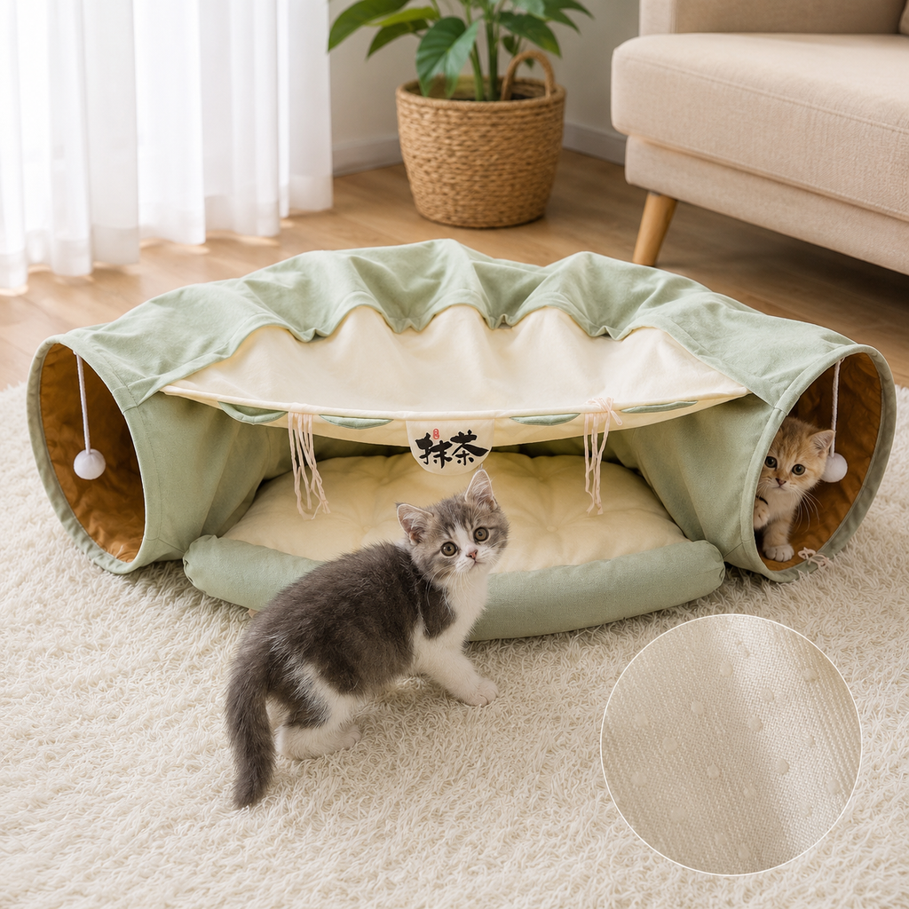Cat Tunnel Bed for Indoor Cats – 2-in-1 Collapsible Cat Play Tunnel with Hanging Toy | Foldable Washable Cat Cave Hideaway for Kittens & Rabbits