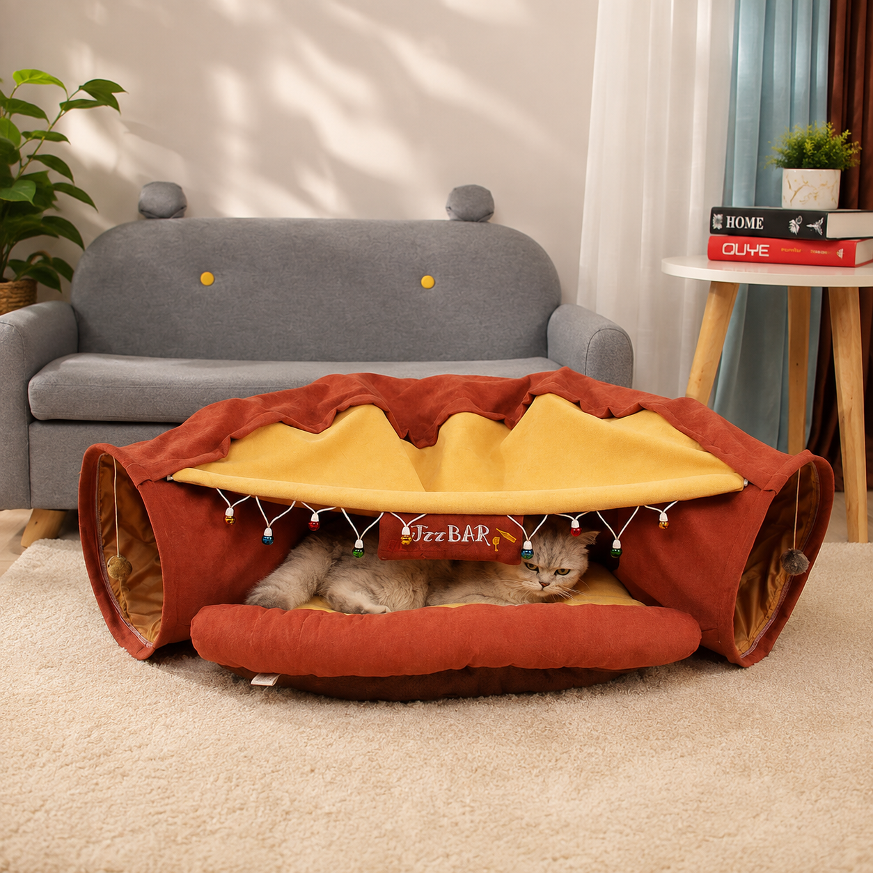 Cat Tunnel Bed for Indoor Cats – 2-in-1 Collapsible Cat Play Tunnel with Hanging Toy | Foldable Washable Cat Cave Hideaway for Kittens & Rabbits