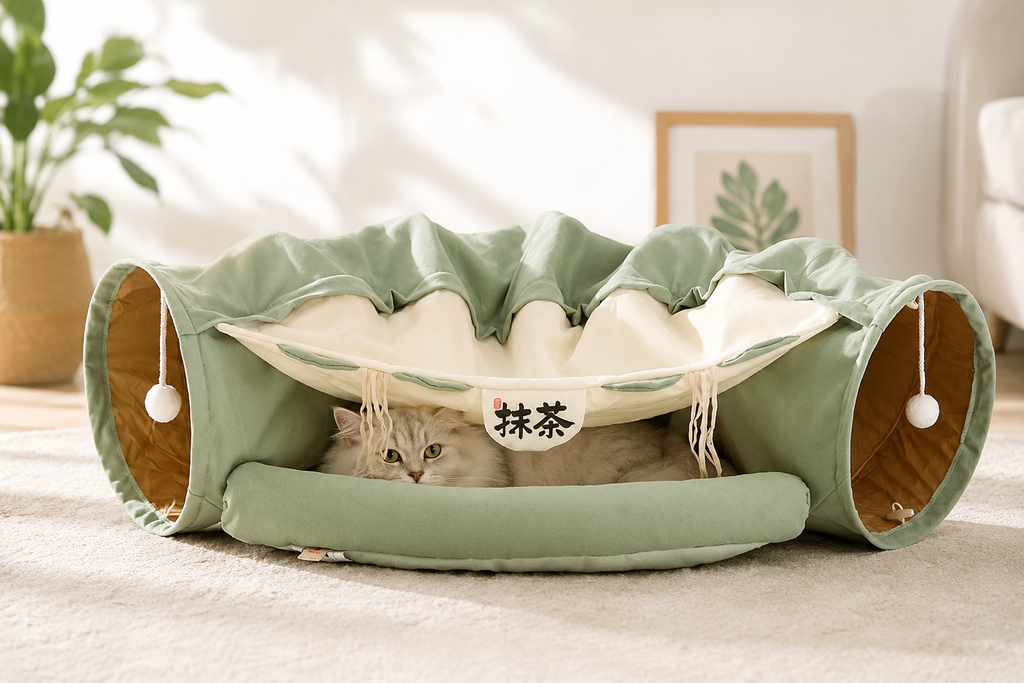 Cat Tunnel Bed for Indoor Cats – 2-in-1 Collapsible Cat Play Tunnel with Hanging Toy | Foldable Washable Cat Cave Hideaway for Kittens & Rabbits