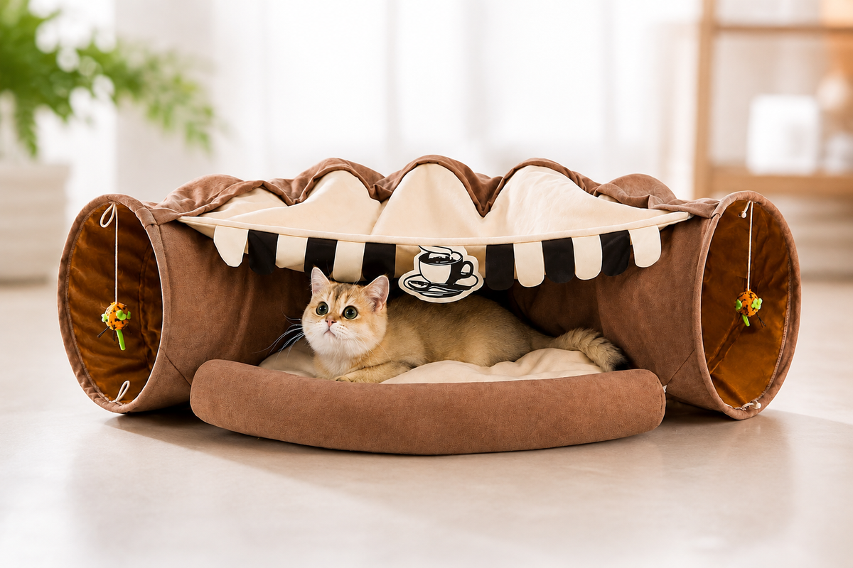 Cat Tunnel Bed for Indoor Cats – 2-in-1 Collapsible Cat Play Tunnel with Hanging Toy | Foldable Washable Cat Cave Hideaway for Kittens & Rabbits