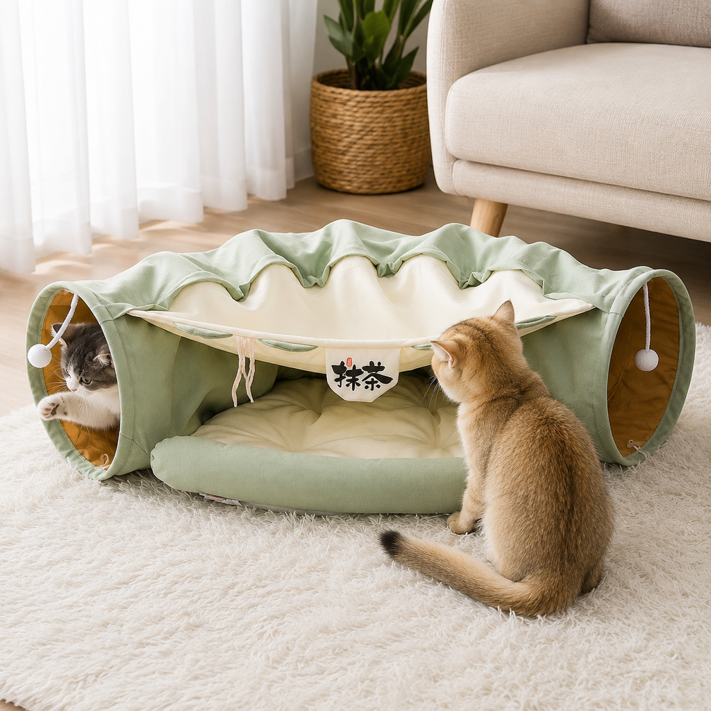 Cat Tunnel Bed for Indoor Cats – 2-in-1 Collapsible Cat Play Tunnel with Hanging Toy | Foldable Washable Cat Cave Hideaway for Kittens & Rabbits