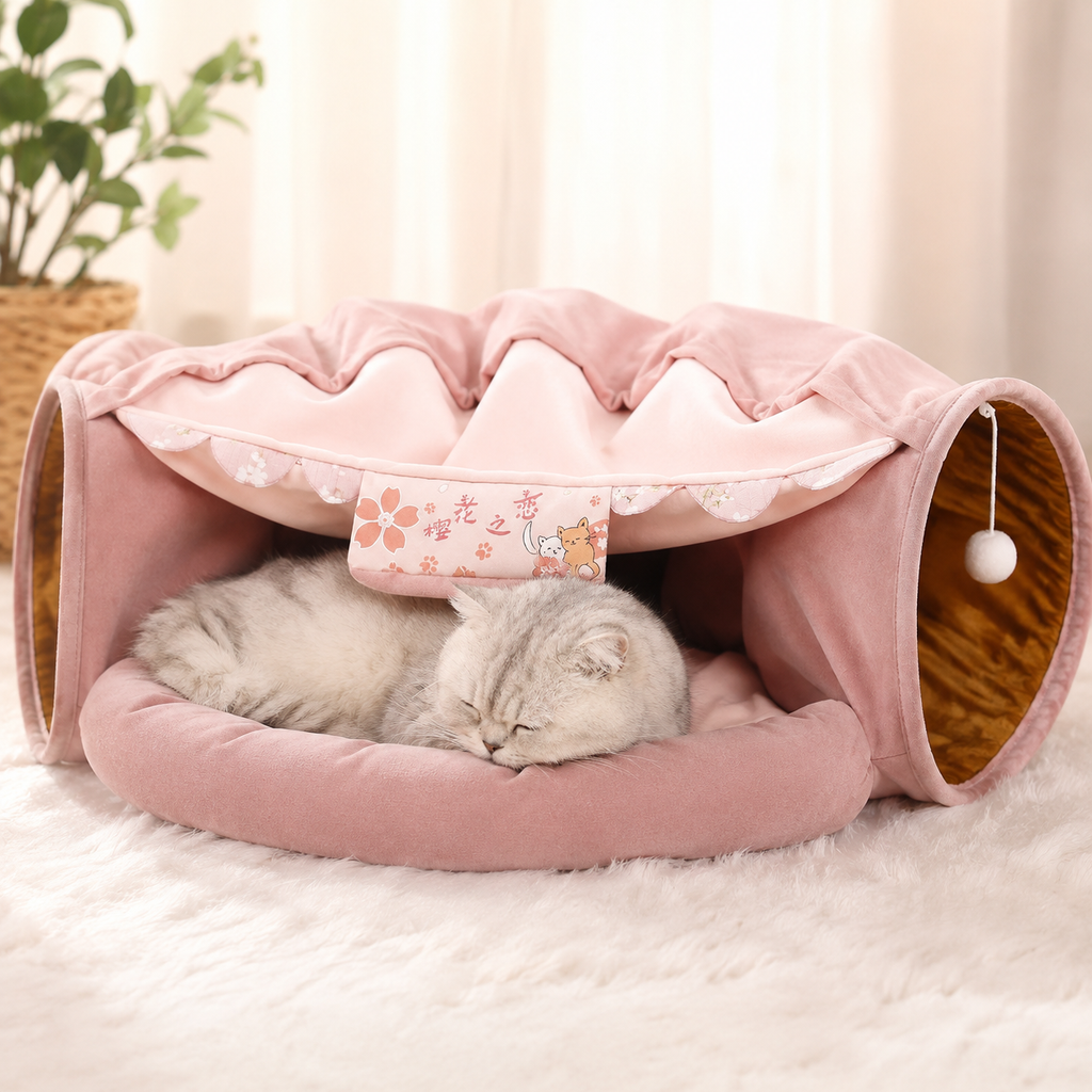 Cat Tunnel Bed for Indoor Cats – 2-in-1 Collapsible Cat Play Tunnel with Hanging Toy | Foldable Washable Cat Cave Hideaway for Kittens & Rabbits