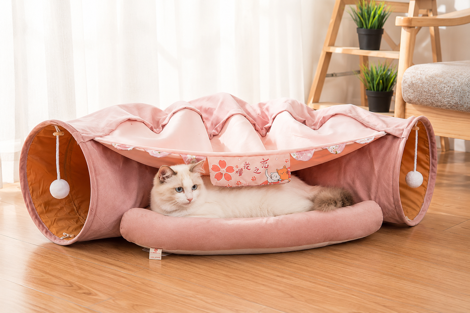 Cat Tunnel Bed for Indoor Cats – 2-in-1 Collapsible Cat Play Tunnel with Hanging Toy | Foldable Washable Cat Cave Hideaway for Kittens & Rabbits