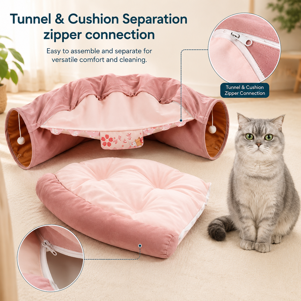 Cat Tunnel Bed for Indoor Cats – 2-in-1 Collapsible Cat Play Tunnel with Hanging Toy | Foldable Washable Cat Cave Hideaway for Kittens & Rabbits