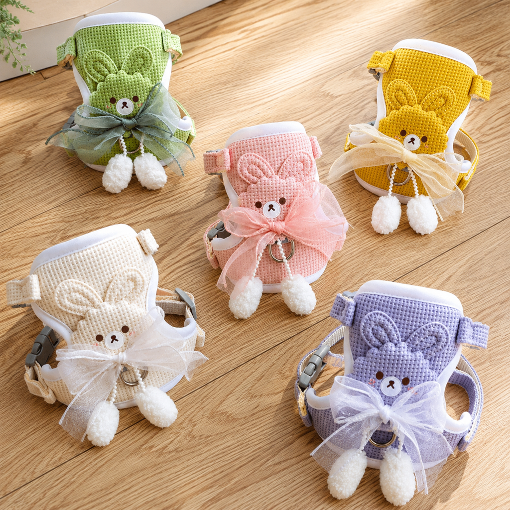 Cat Harness and Leash Set – Escape Proof Cute Bunny Design with Bow, Soft Breathable Adjustable Vest Harness, No Pull No Choke Walking Harness for Small, Medium, Large Cats and Kittens