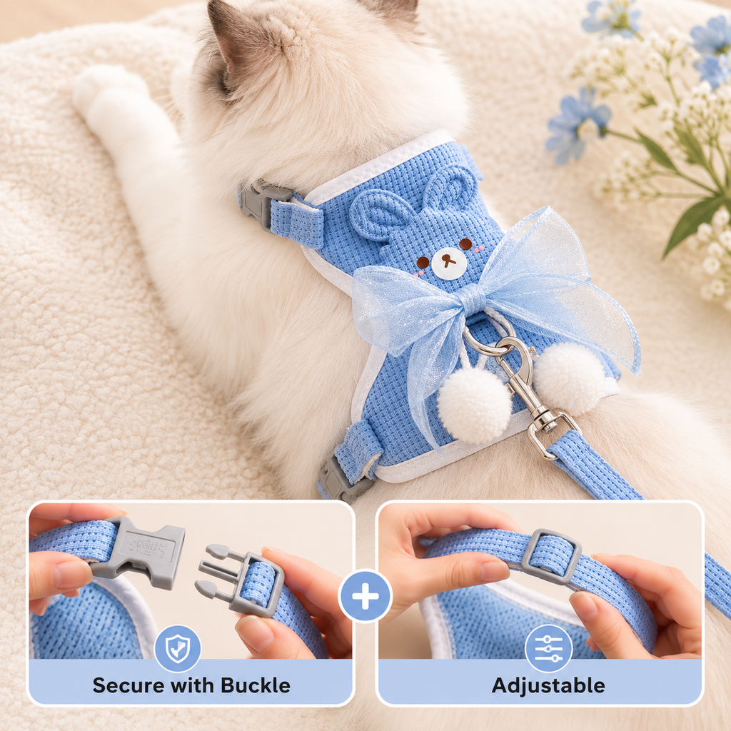 Cat Harness and Leash Set – Escape Proof Cute Bunny Design with Bow, Soft Breathable Adjustable Vest Harness, No Pull No Choke Walking Harness for Small, Medium, Large Cats and Kittens
