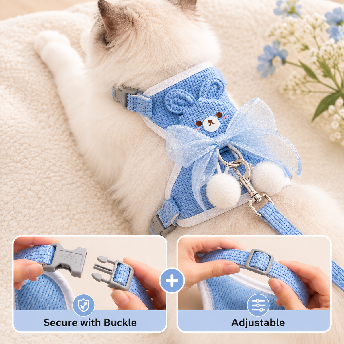 Cat Harness and Leash Set – Escape Proof Cute Bunny Design with Bow, Soft Breathable Adjustable Vest Harness, No Pull No Choke Walking Harness for Small, Medium, Large Cats and Kittens
