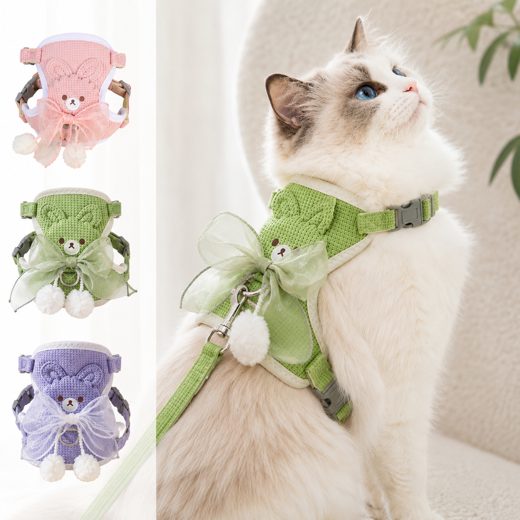 Cat Harness and Leash Set – Escape Proof Cute Bunny Design with Bow, Soft Breathable Adjustable Vest Harness, No Pull No Choke Walking Harness for Small, Medium, Large Cats and Kittens