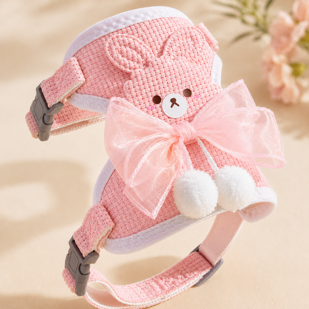 Cat Harness and Leash Set – Escape Proof Cute Bunny Design with Bow, Soft Breathable Adjustable Vest Harness, No Pull No Choke Walking Harness for Small, Medium, Large Cats and Kittens