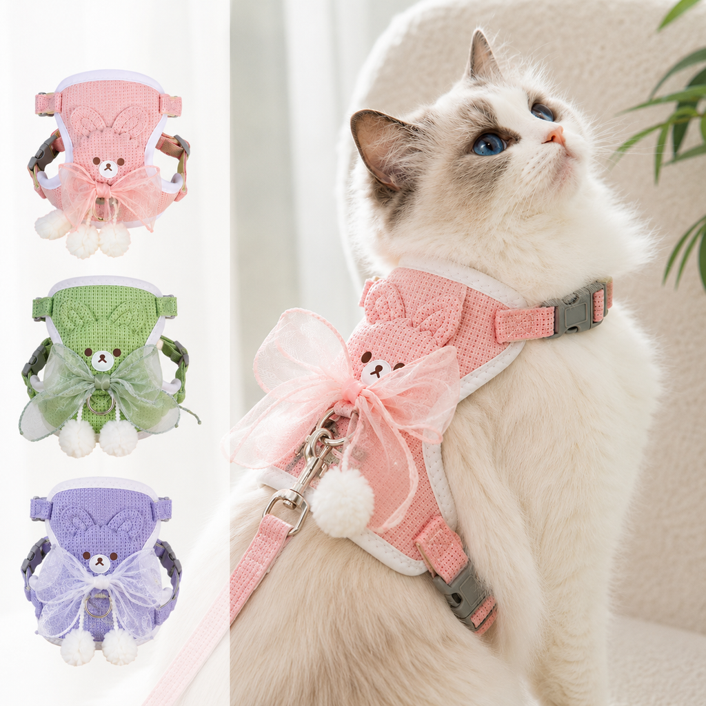 Cat Harness and Leash Set – Escape Proof Cute Bunny Design with Bow, Soft Breathable Adjustable Vest Harness, No Pull No Choke Walking Harness for Small, Medium, Large Cats and Kittens