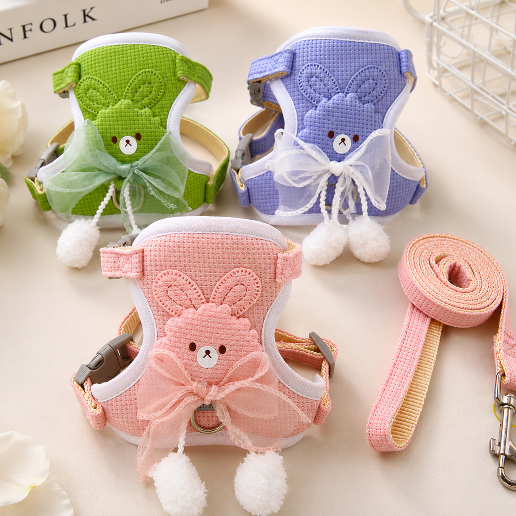Cat Harness and Leash Set – Escape Proof Cute Bunny Design with Bow, Soft Breathable Adjustable Vest Harness, No Pull No Choke Walking Harness for Small, Medium, Large Cats and Kittens