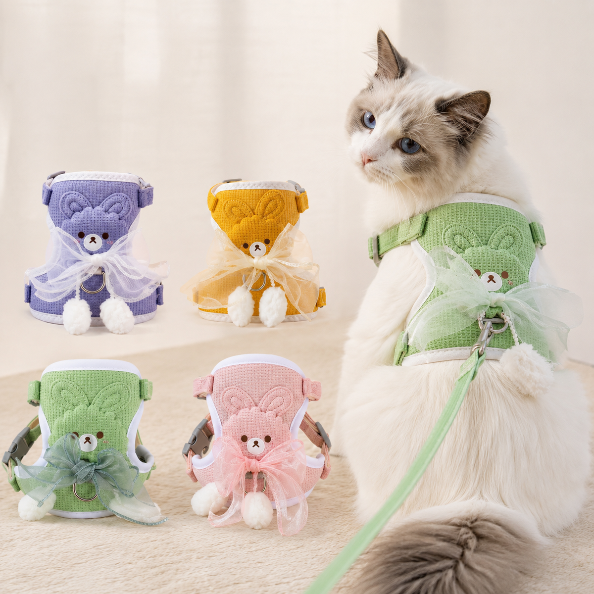 Cat Harness and Leash Set – Escape Proof Cute Bunny Design with Bow, Soft Breathable Adjustable Vest Harness, No Pull No Choke Walking Harness for Small, Medium, Large Cats and Kittens