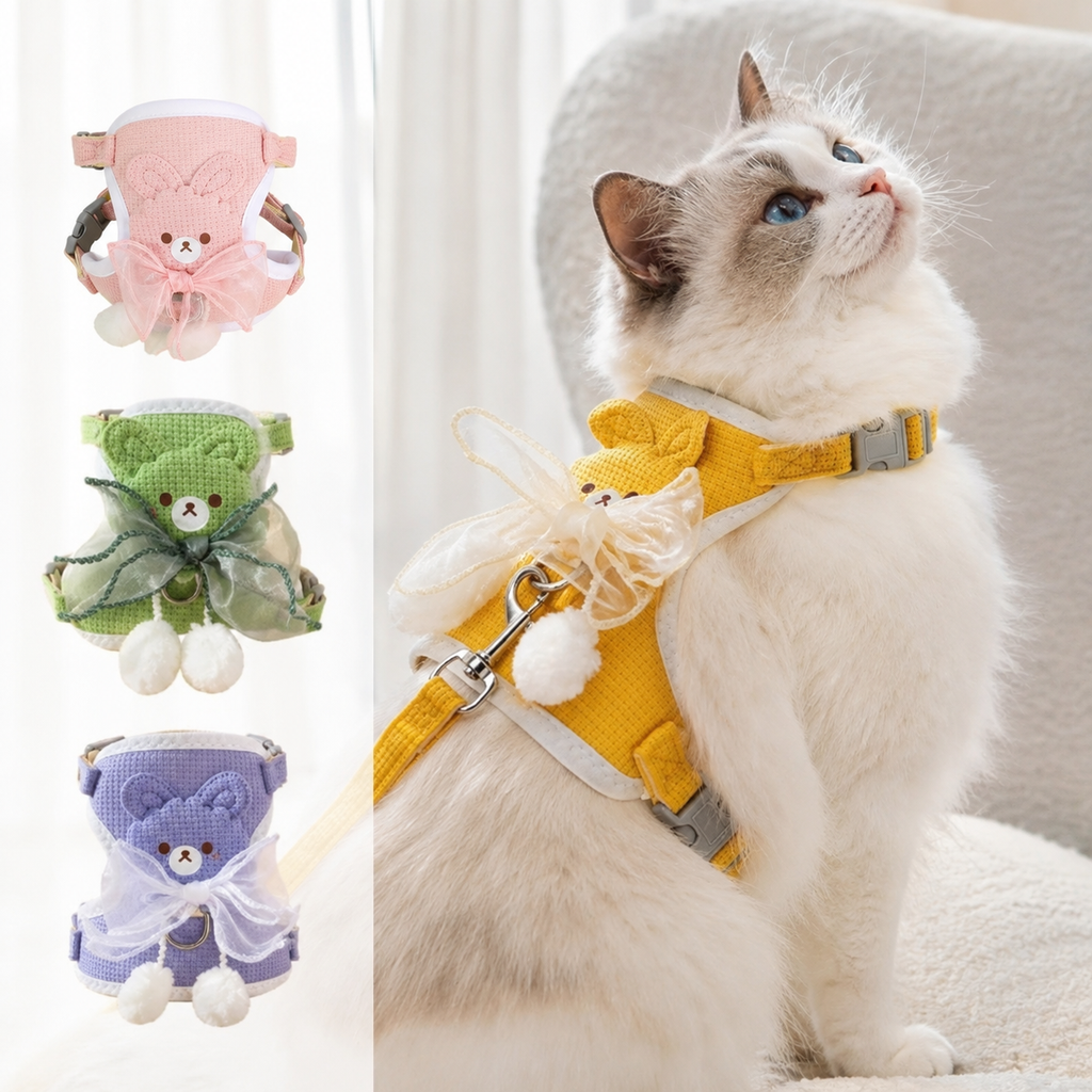 Cat Harness and Leash Set – Escape Proof Cute Bunny Design with Bow, Soft Breathable Adjustable Vest Harness, No Pull No Choke Walking Harness for Small, Medium, Large Cats and Kittens