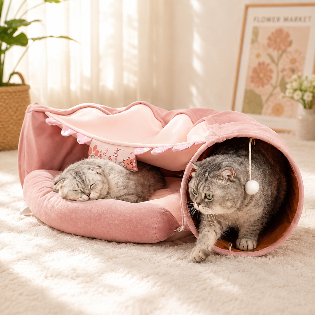 Cat Tunnel Bed for Indoor Cats – 2-in-1 Collapsible Cat Play Tunnel with Hanging Toy | Foldable Washable Cat Cave Hideaway for Kittens & Rabbits