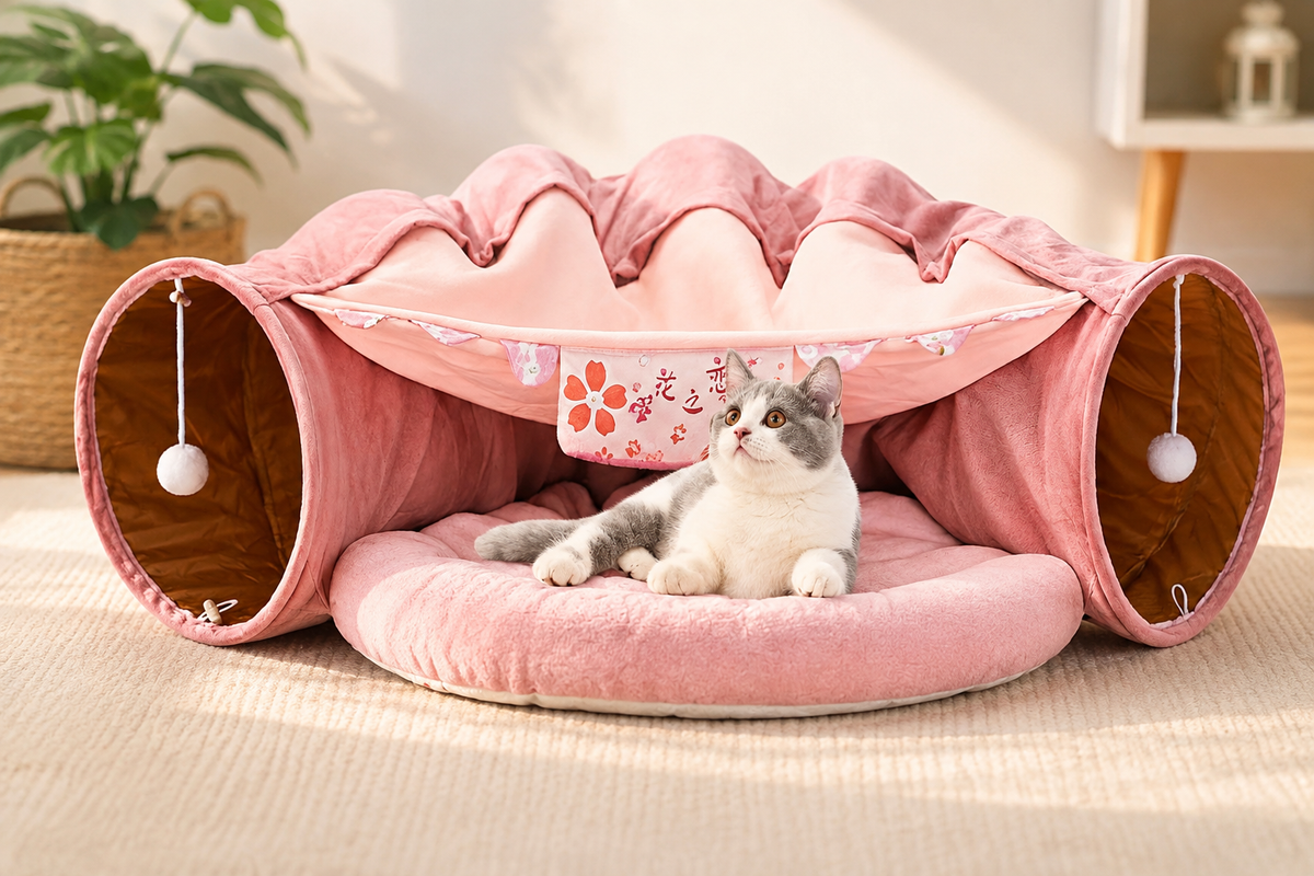 Cat Tunnel Bed for Indoor Cats – 2-in-1 Collapsible Cat Play Tunnel with Hanging Toy | Foldable Washable Cat Cave Hideaway for Kittens & Rabbits