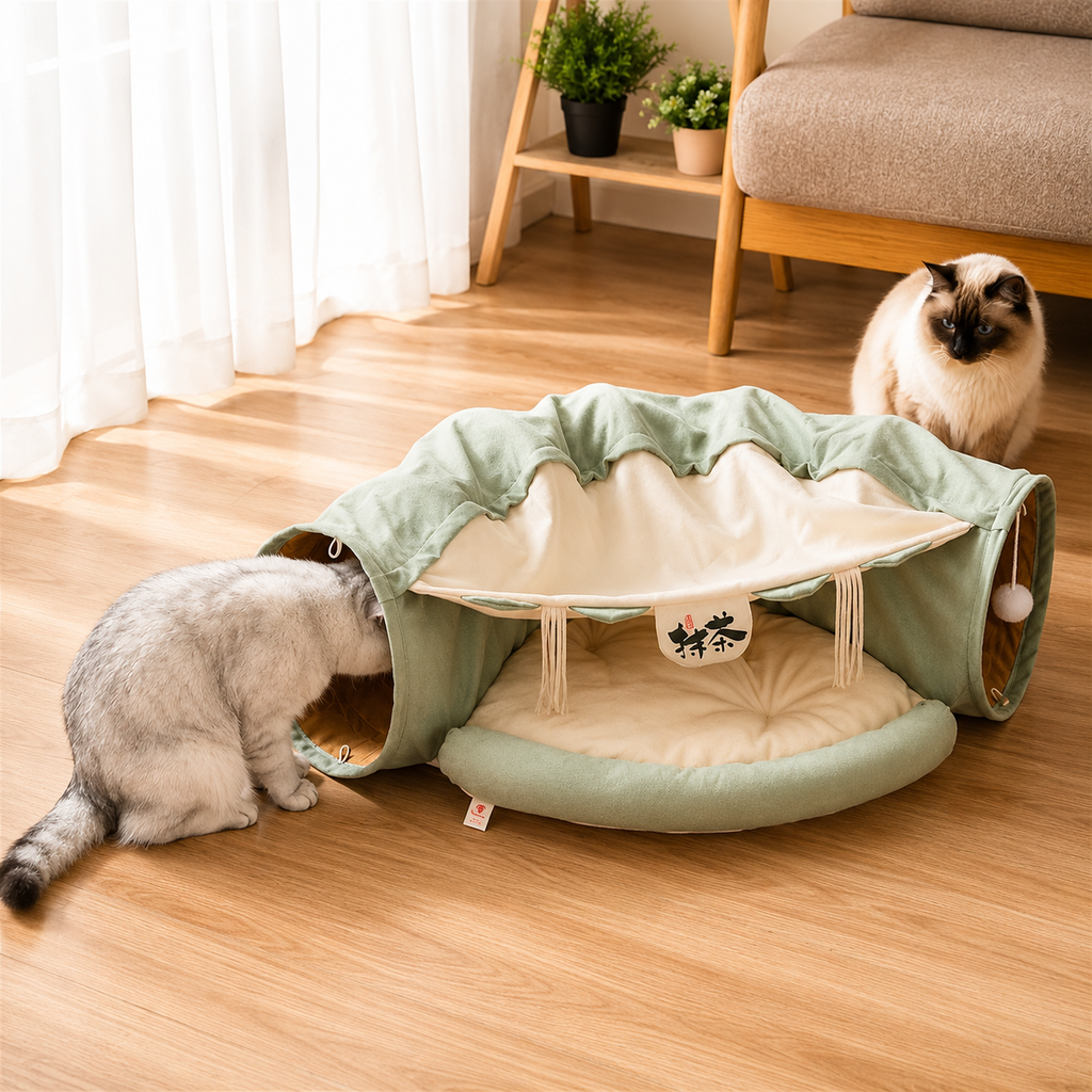 Cat Tunnel Bed for Indoor Cats – 2-in-1 Collapsible Cat Play Tunnel with Hanging Toy | Foldable Washable Cat Cave Hideaway for Kittens & Rabbits