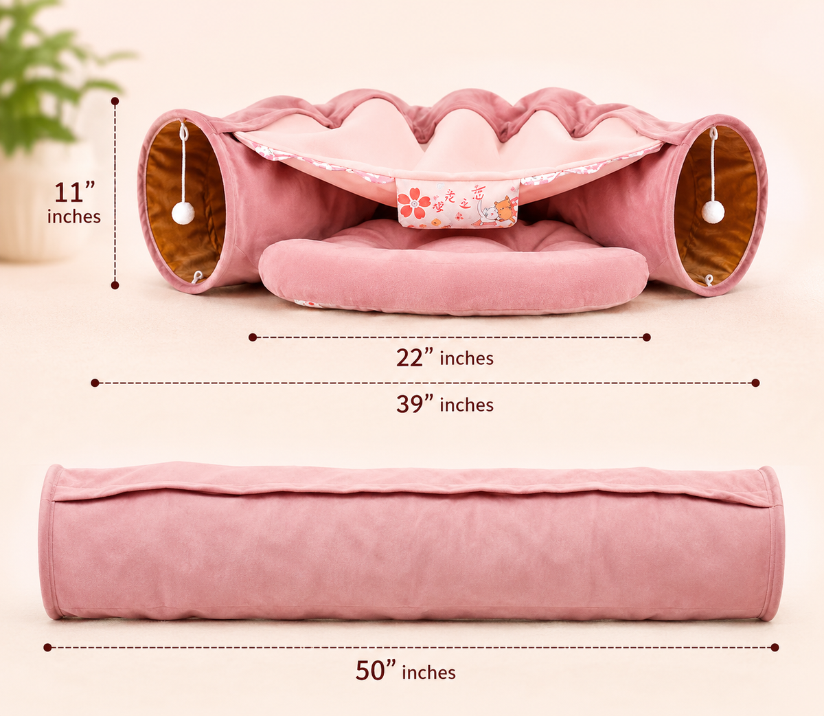 Cat Tunnel Bed for Indoor Cats – 2-in-1 Collapsible Cat Play Tunnel with Hanging Toy | Foldable Washable Cat Cave Hideaway for Kittens & Rabbits