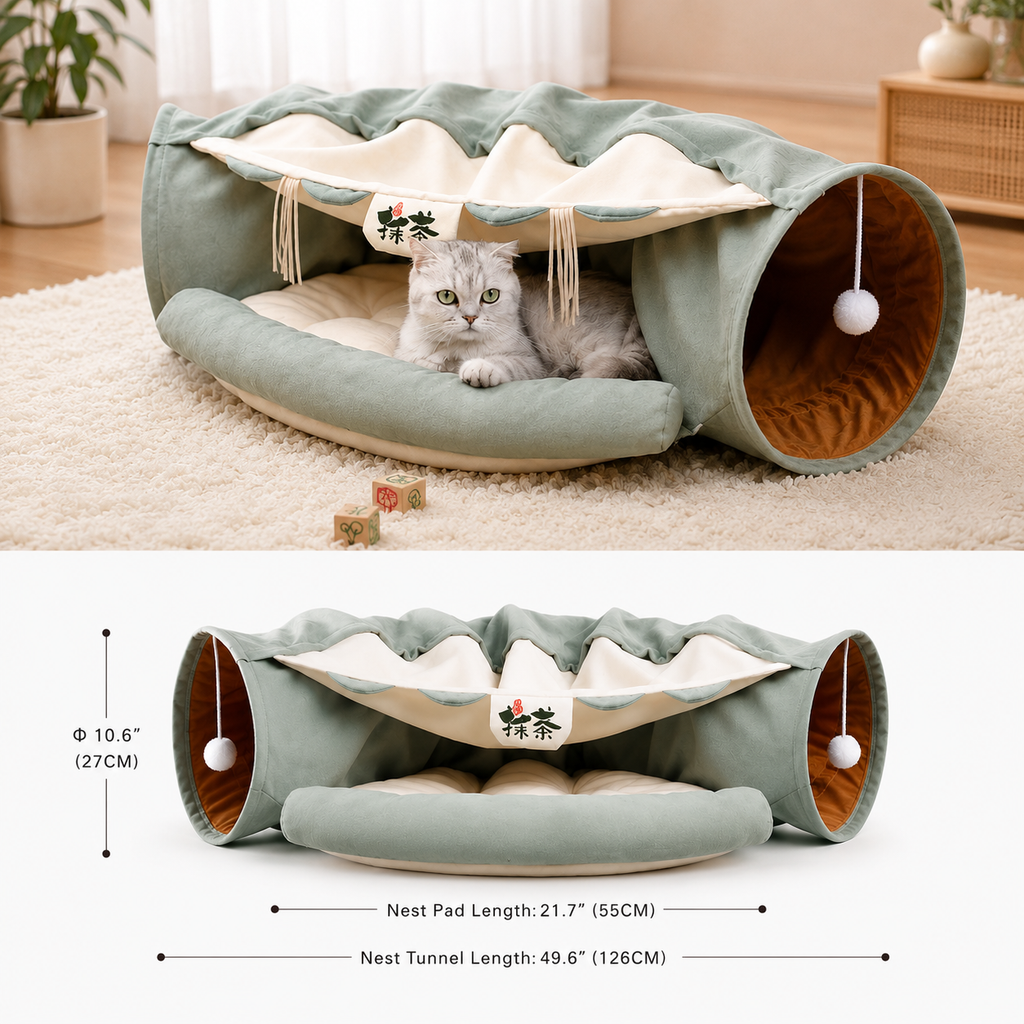 Cat Tunnel Bed for Indoor Cats – 2-in-1 Collapsible Cat Play Tunnel with Hanging Toy | Foldable Washable Cat Cave Hideaway for Kittens & Rabbits