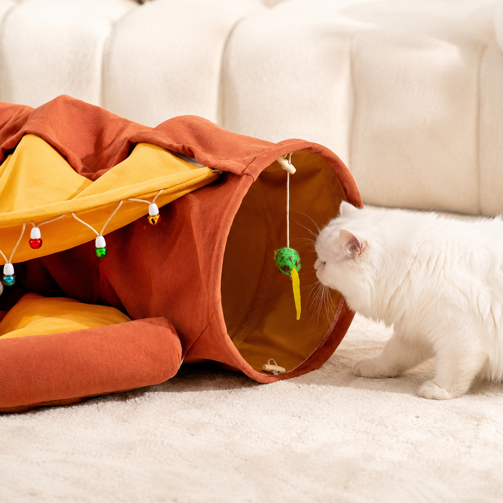 Cat Tunnel Bed for Indoor Cats – 2-in-1 Collapsible Cat Play Tunnel with Hanging Toy | Foldable Washable Cat Cave Hideaway for Kittens & Rabbits