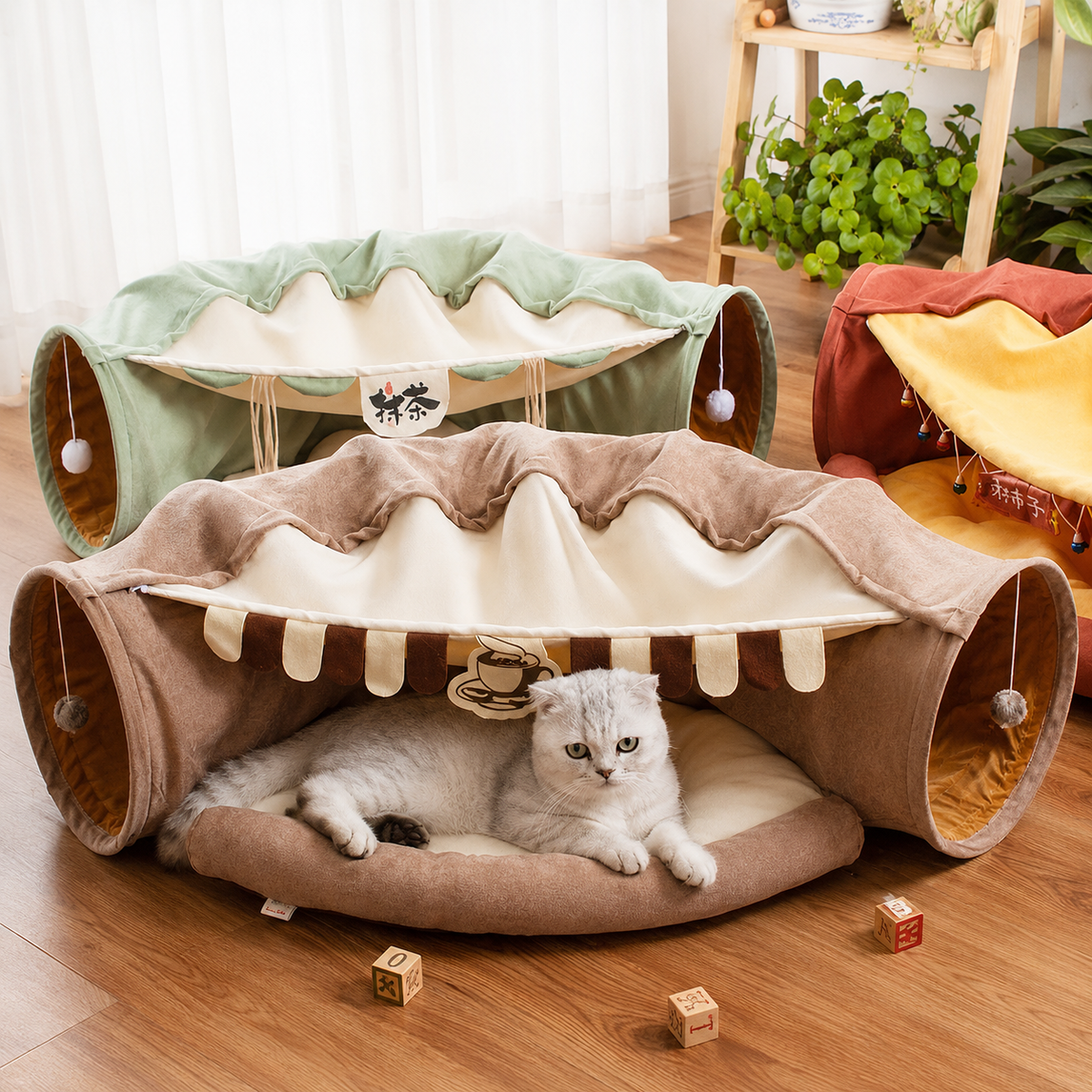 Cat Tunnel Bed for Indoor Cats – 2-in-1 Collapsible Cat Play Tunnel with Hanging Toy | Foldable Washable Cat Cave Hideaway for Kittens & Rabbits