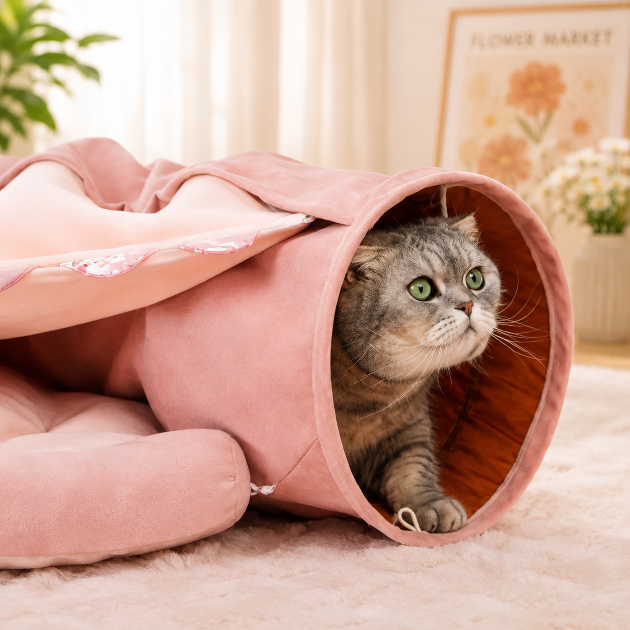 Cat Tunnel Bed for Indoor Cats – 2-in-1 Collapsible Cat Play Tunnel with Hanging Toy | Foldable Washable Cat Cave Hideaway for Kittens & Rabbits