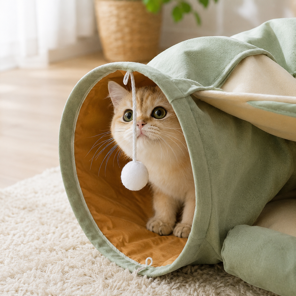 Cat Tunnel Bed for Indoor Cats – 2-in-1 Collapsible Cat Play Tunnel with Hanging Toy | Foldable Washable Cat Cave Hideaway for Kittens & Rabbits