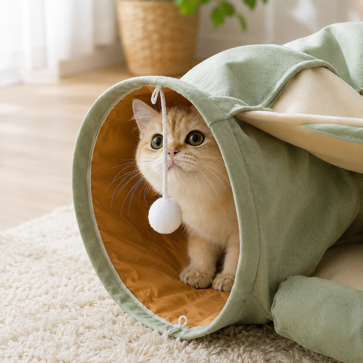 Cat Tunnel Bed for Indoor Cats – 2-in-1 Collapsible Cat Play Tunnel with Hanging Toy | Foldable Washable Cat Cave Hideaway for Kittens & Rabbits