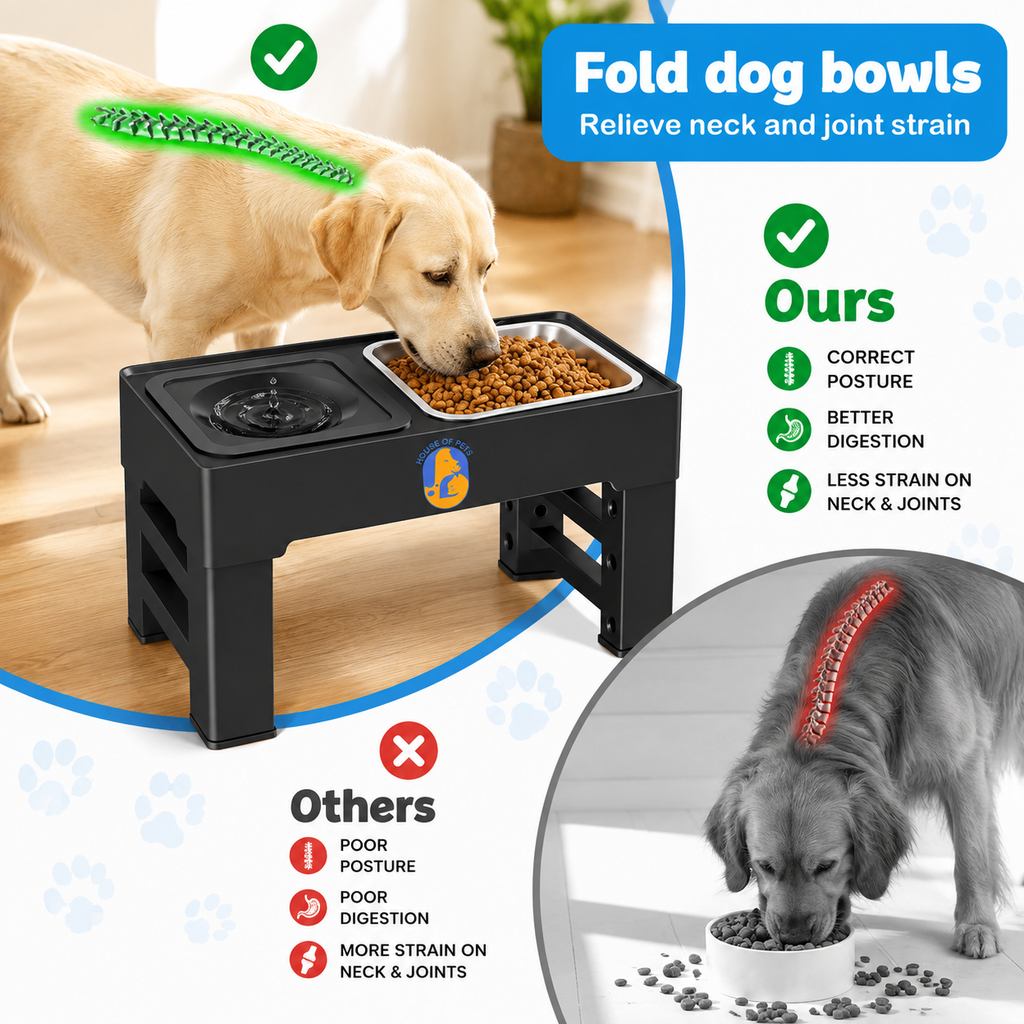 Elevated Dog Bowls – 4 Height Adjustable Raised Stand with Stainless Steel or Slow Feeder Bowl & No Spill Water Bowl | Non-Slip Dog Feeding Station for Small Medium Large Dogs