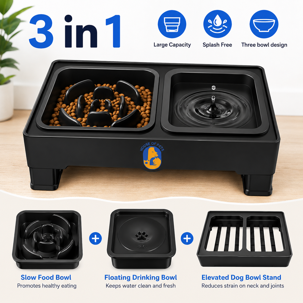 Elevated Dog Bowls – 4 Height Adjustable Raised Stand with Stainless Steel or Slow Feeder Bowl & No Spill Water Bowl | Non-Slip Dog Feeding Station for Small Medium Large Dogs