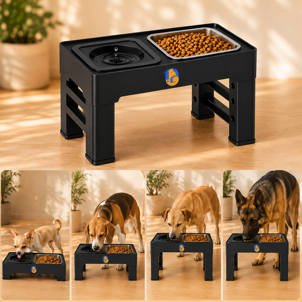 Elevated Dog Bowls – 4 Height Adjustable Raised Stand with Stainless Steel or Slow Feeder Bowl & No Spill Water Bowl | Non-Slip Dog Feeding Station for Small Medium Large Dogs