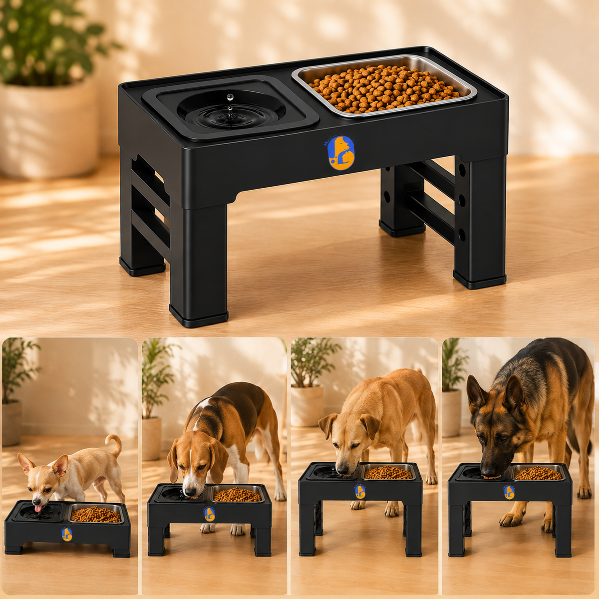 Elevated Dog Bowls – 4 Height Adjustable Raised Stand with Stainless Steel or Slow Feeder Bowl & No Spill Water Bowl | Non-Slip Dog Feeding Station for Small Medium Large Dogs