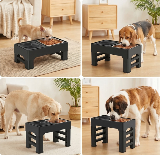 Elevated Dog Bowls – 4 Height Adjustable Raised Stand with Stainless Steel or Slow Feeder Bowl & No Spill Water Bowl | Non-Slip Dog Feeding Station for Small Medium Large Dogs