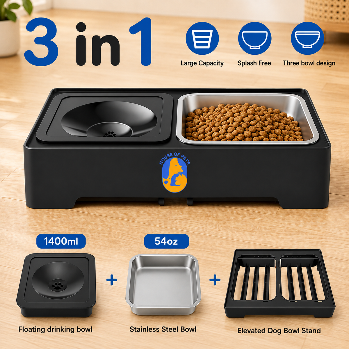 Elevated Dog Bowls – 4 Height Adjustable Raised Stand with Stainless Steel or Slow Feeder Bowl & No Spill Water Bowl | Non-Slip Dog Feeding Station for Small Medium Large Dogs
