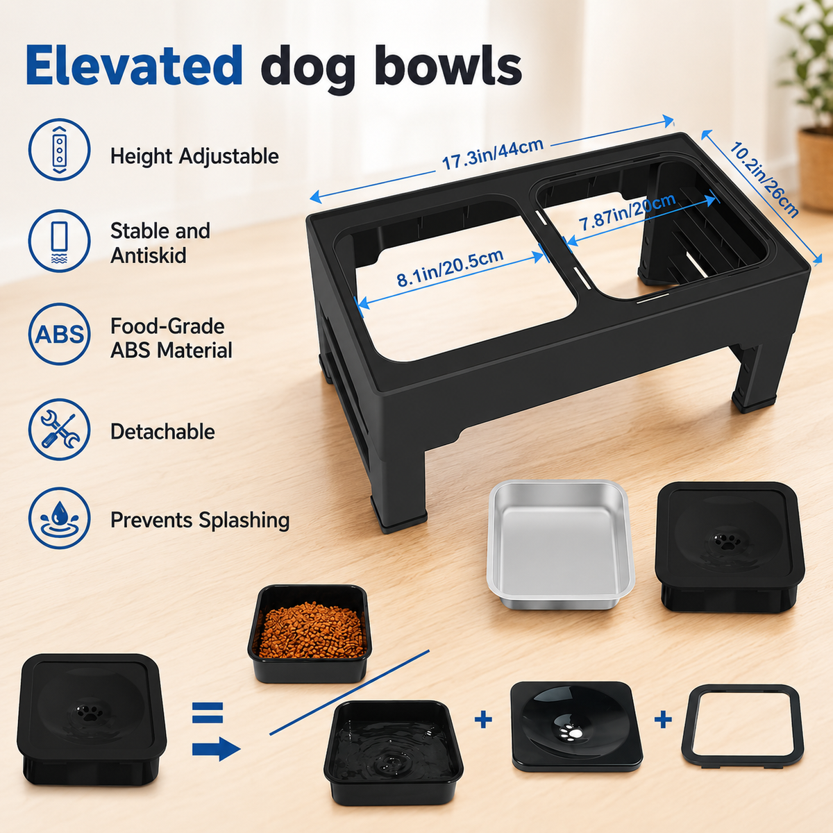 Elevated Dog Bowls – 4 Height Adjustable Raised Stand with Stainless Steel or Slow Feeder Bowl & No Spill Water Bowl | Non-Slip Dog Feeding Station for Small Medium Large Dogs