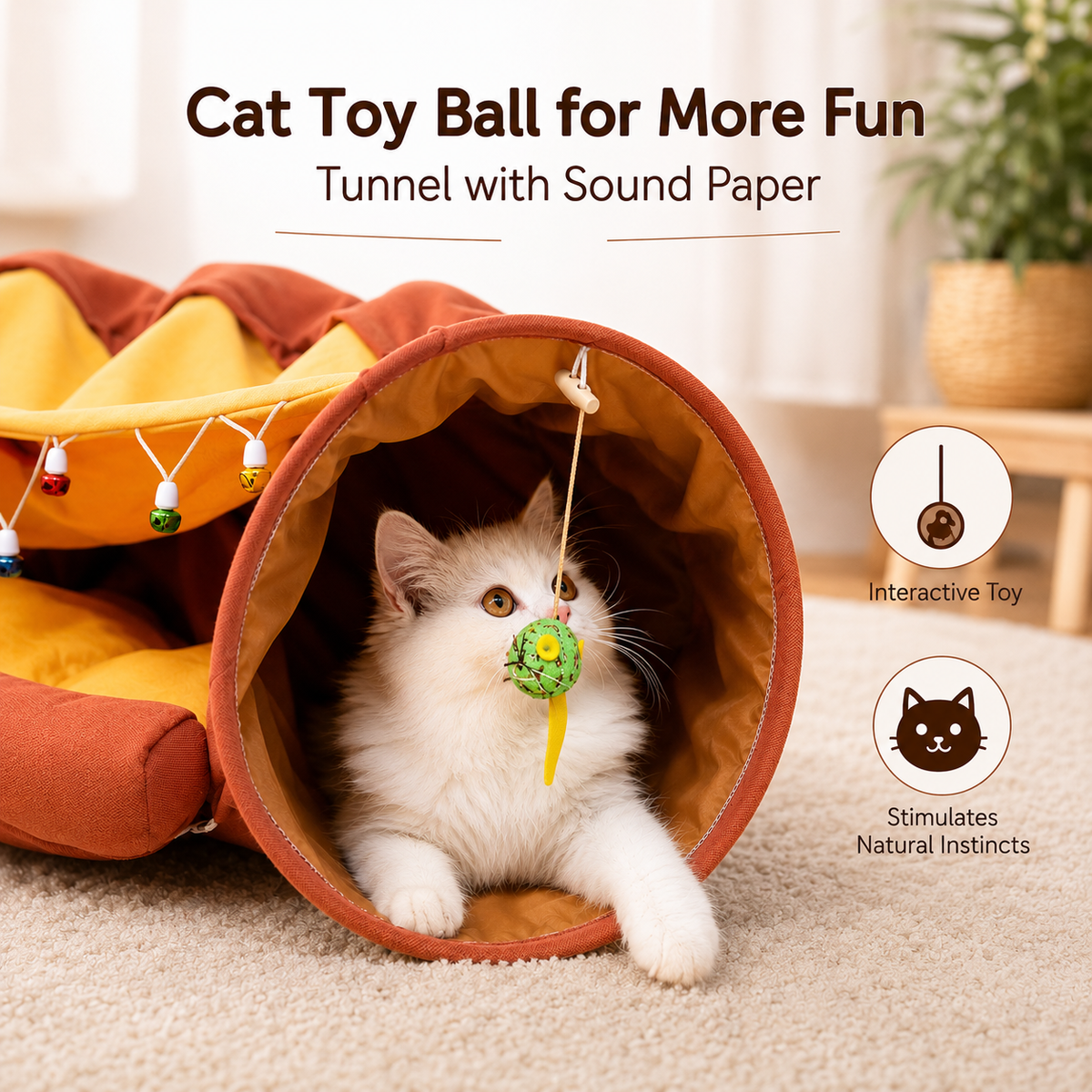 Cat Tunnel Bed for Indoor Cats – 2-in-1 Collapsible Cat Play Tunnel with Hanging Toy | Foldable Washable Cat Cave Hideaway for Kittens & Rabbits