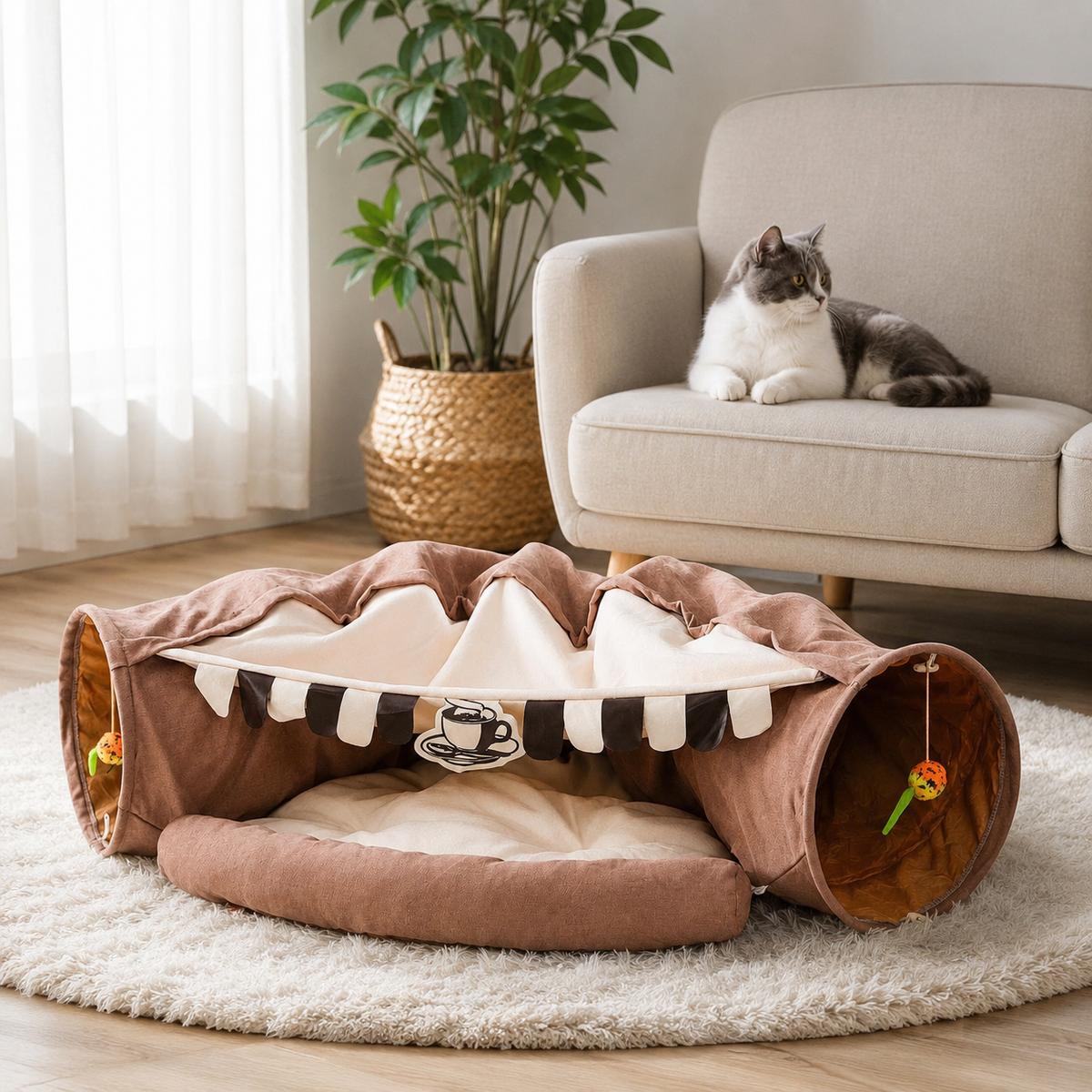 Cat Tunnel Bed for Indoor Cats – 2-in-1 Collapsible Cat Play Tunnel with Hanging Toy | Foldable Washable Cat Cave Hideaway for Kittens & Rabbits