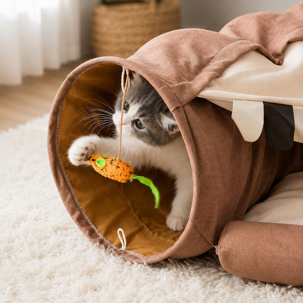 Cat Tunnel Bed for Indoor Cats – 2-in-1 Collapsible Cat Play Tunnel with Hanging Toy | Foldable Washable Cat Cave Hideaway for Kittens & Rabbits