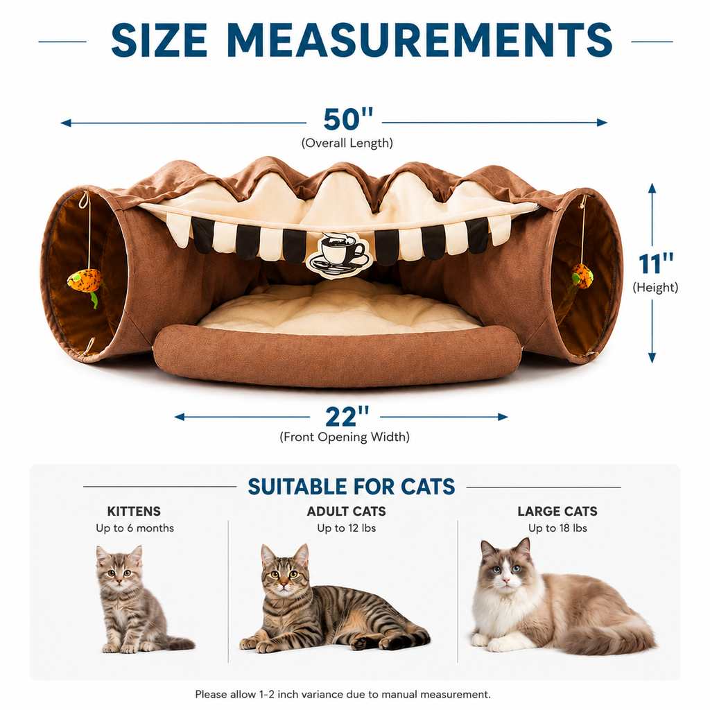 Cat Tunnel Bed for Indoor Cats – 2-in-1 Collapsible Cat Play Tunnel with Hanging Toy | Foldable Washable Cat Cave Hideaway for Kittens & Rabbits