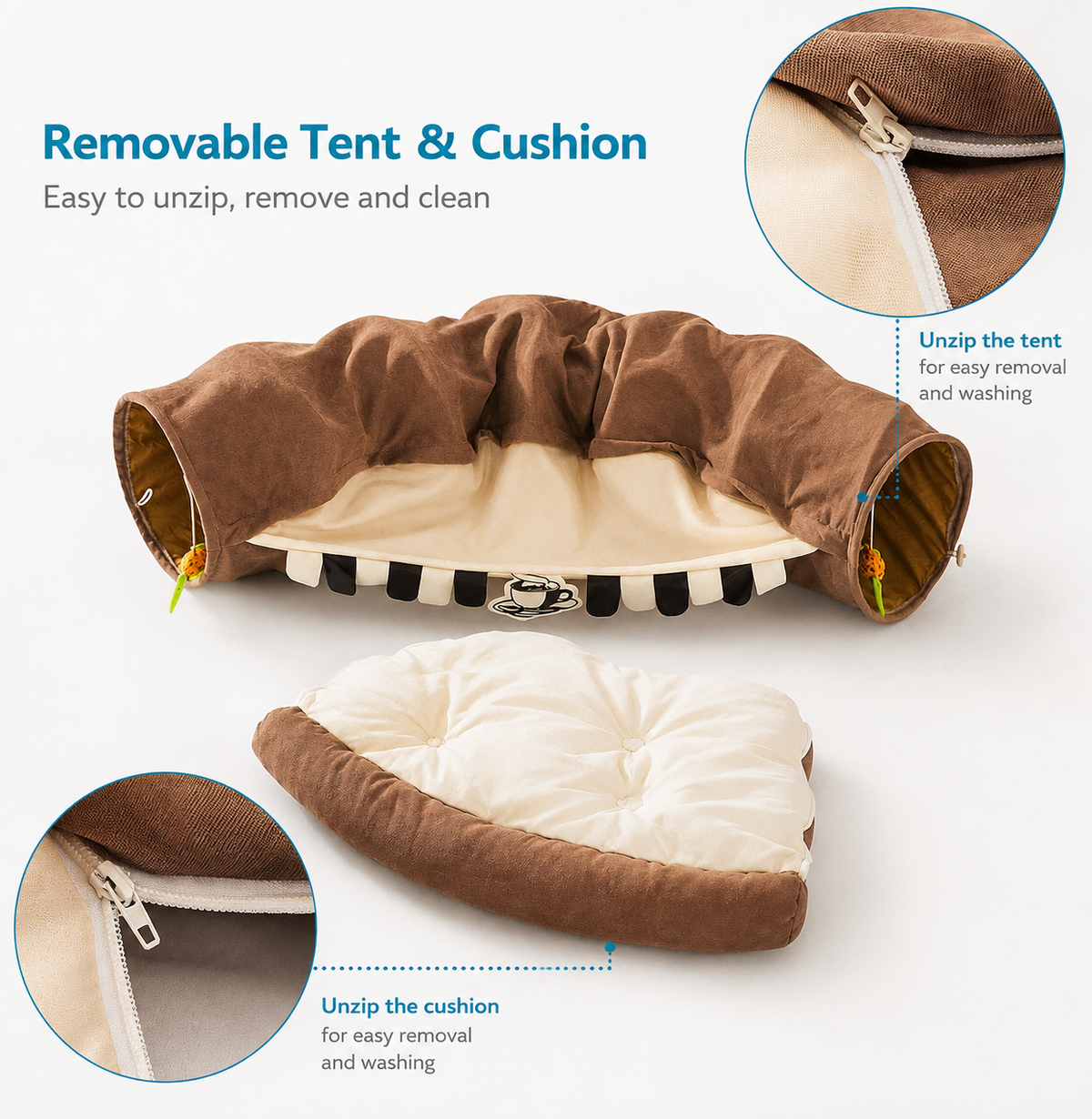 Cat Tunnel Bed for Indoor Cats – 2-in-1 Collapsible Cat Play Tunnel with Hanging Toy | Foldable Washable Cat Cave Hideaway for Kittens & Rabbits