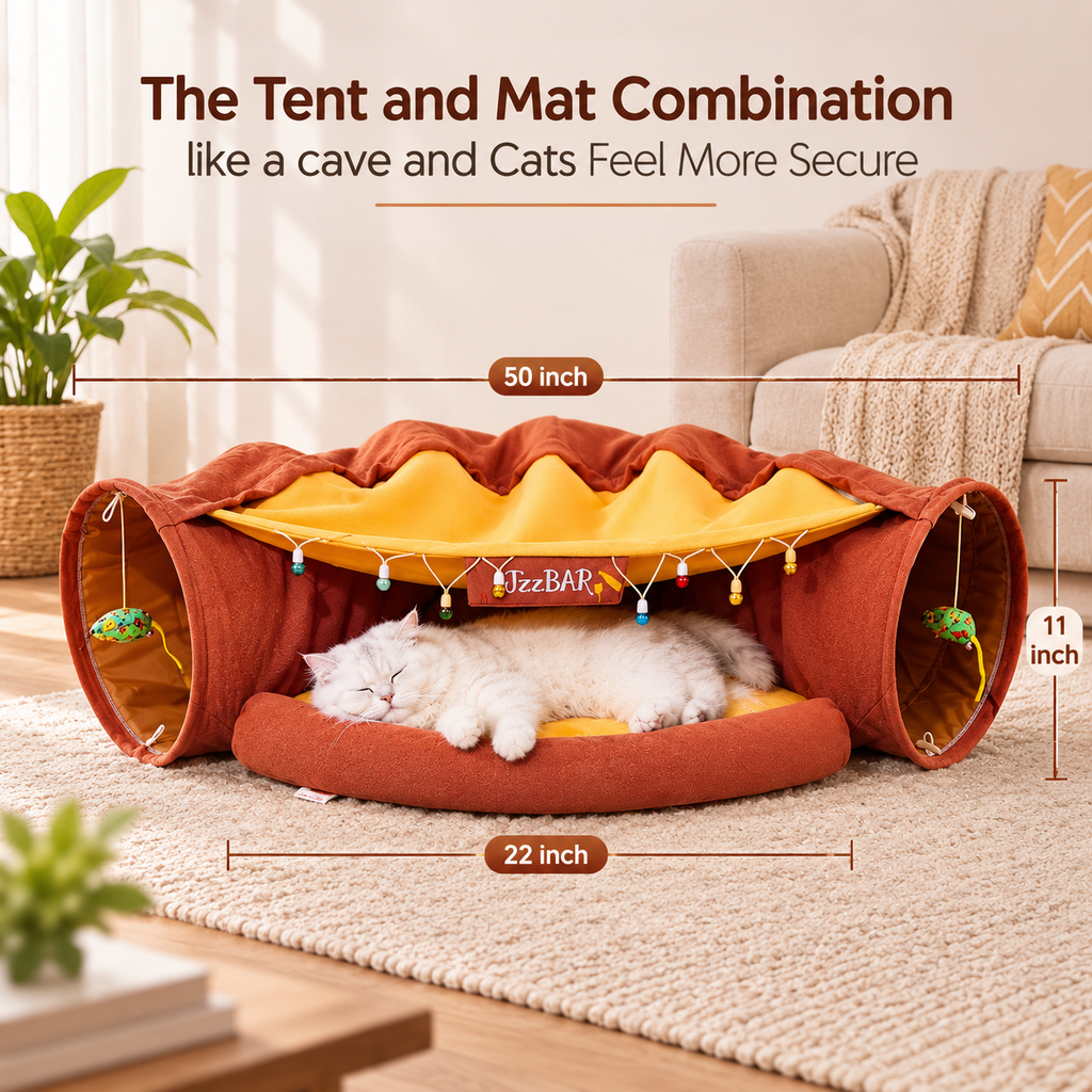 Cat Tunnel Bed for Indoor Cats – 2-in-1 Collapsible Cat Play Tunnel with Hanging Toy | Foldable Washable Cat Cave Hideaway for Kittens & Rabbits