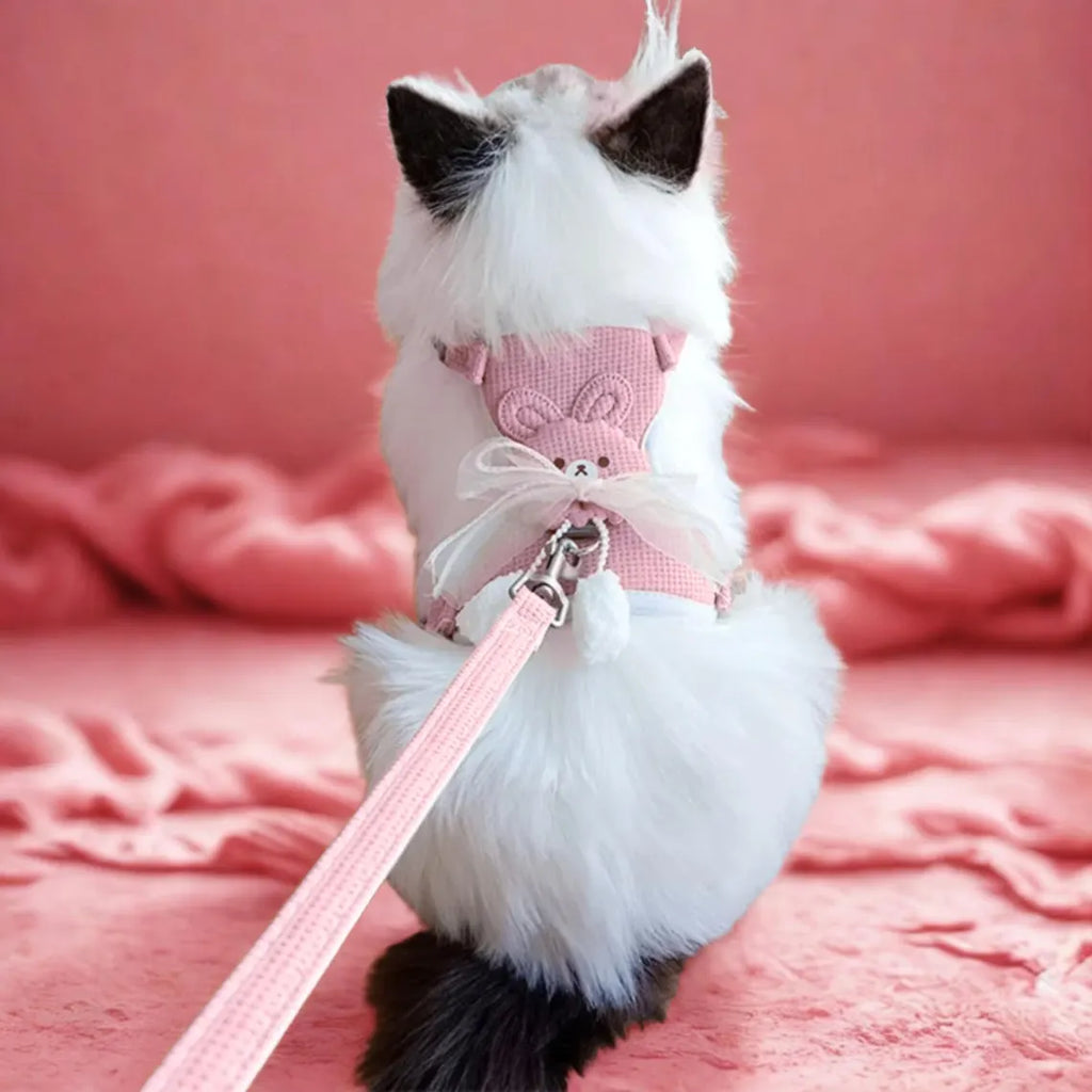 Cat Harness and Leash Set – Escape Proof Cute Bunny Design with Bow, Soft Breathable Adjustable Vest Harness, No Pull No Choke Walking Harness for Small, Medium, Large Cats and Kittens