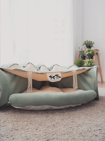 Cat Tunnel Bed for Indoor Cats – 2-in-1 Collapsible Cat Play Tunnel with Hanging Toy | Foldable Washable Cat Cave Hideaway for Kittens & Rabbits