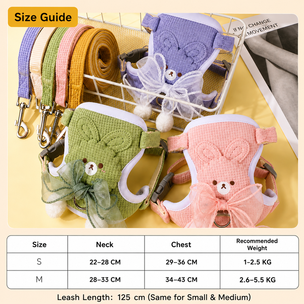 Cat Harness and Leash Set – Escape Proof Cute Bunny Design with Bow, Soft Breathable Adjustable Vest Harness, No Pull No Choke Walking Harness for Small, Medium, Large Cats and Kittens